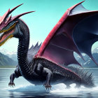 Red Dragon with Extended Wings in Fantasy Icy Landscape