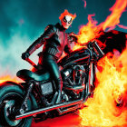 Figure in black outfit with skull mask on motorcycle against fiery backdrop.