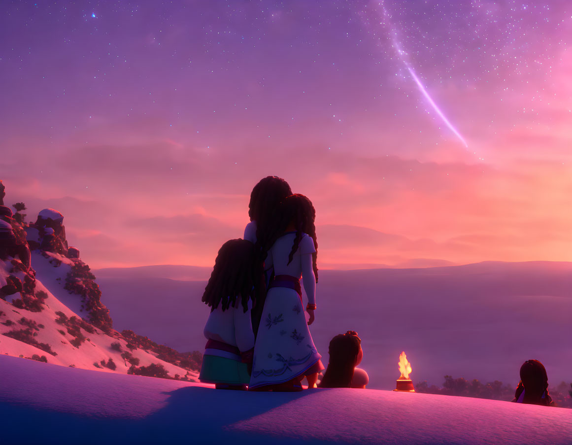 Animated characters watching shooting star in purple twilight sky with campfire on snow-covered ground