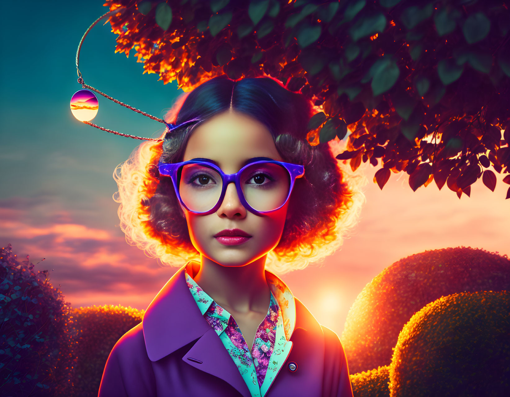 Colorful glasses woman portrait with curly hair and whimsical headpiece against sunset backdrop