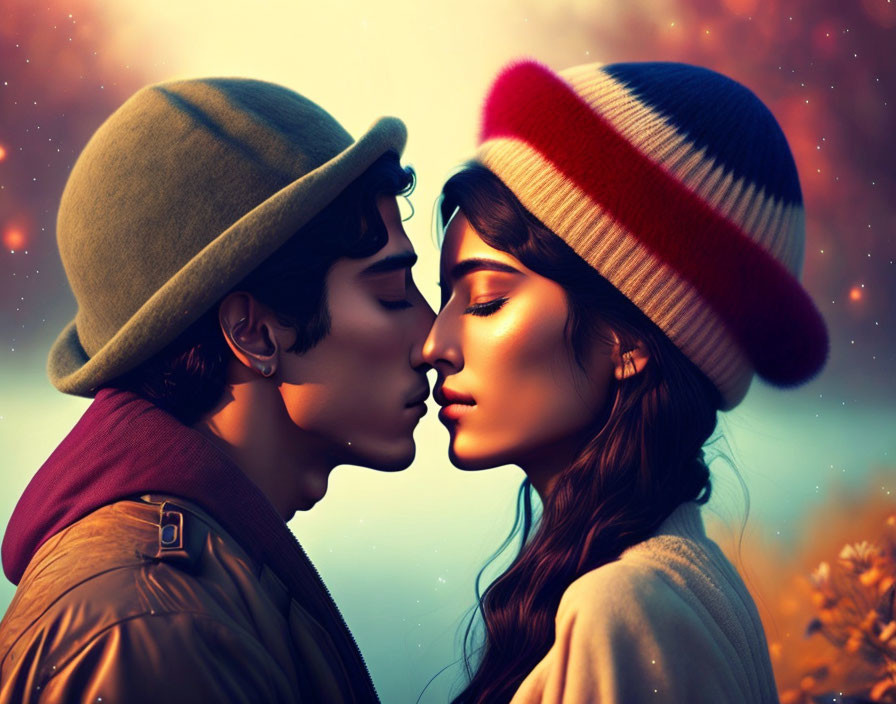 Romantic couple in military uniform and colorful hat kissing at twilight