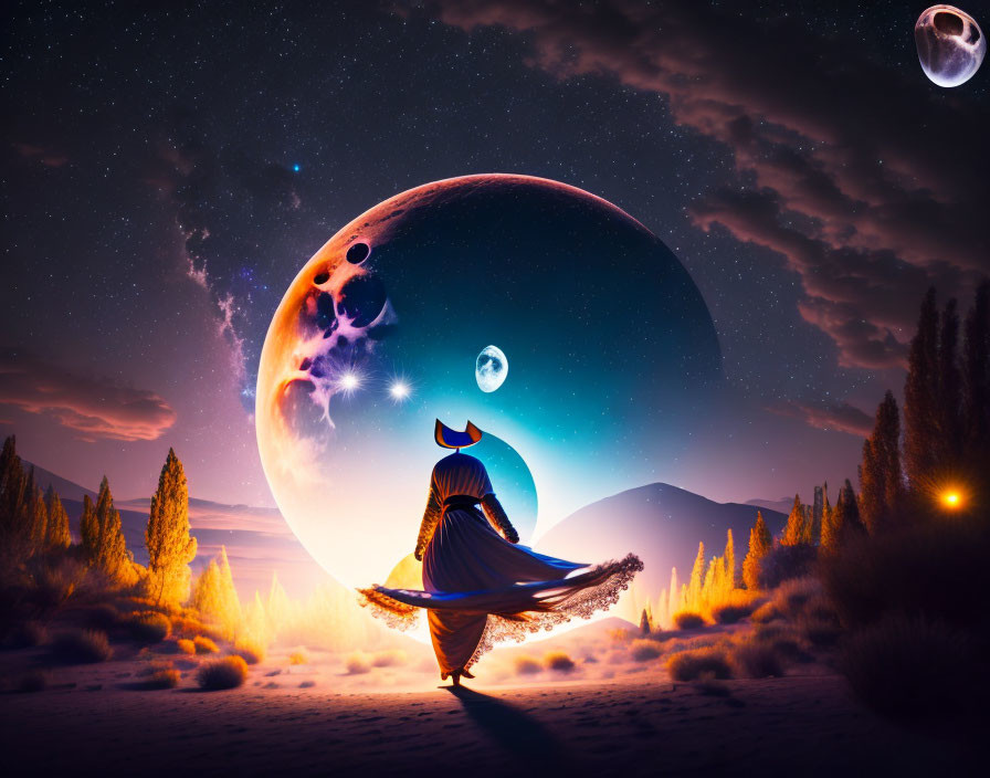 Cloaked figure in surreal landscape with oversized planets and moons