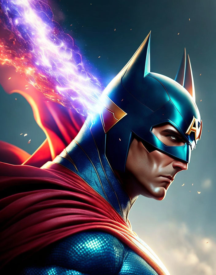 Superhero digital artwork: bat-themed mask, blue armor, red cape, cosmic energy background