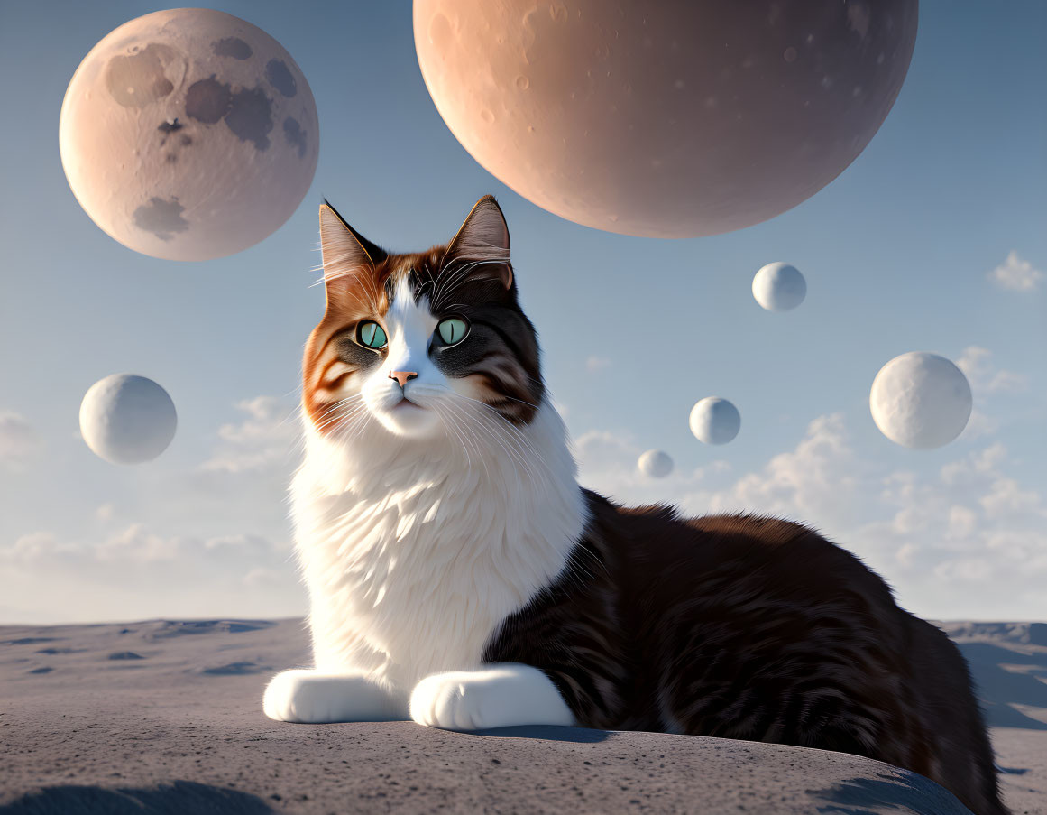 Majestic cat with green eyes in surreal rocky terrain under moons or planets