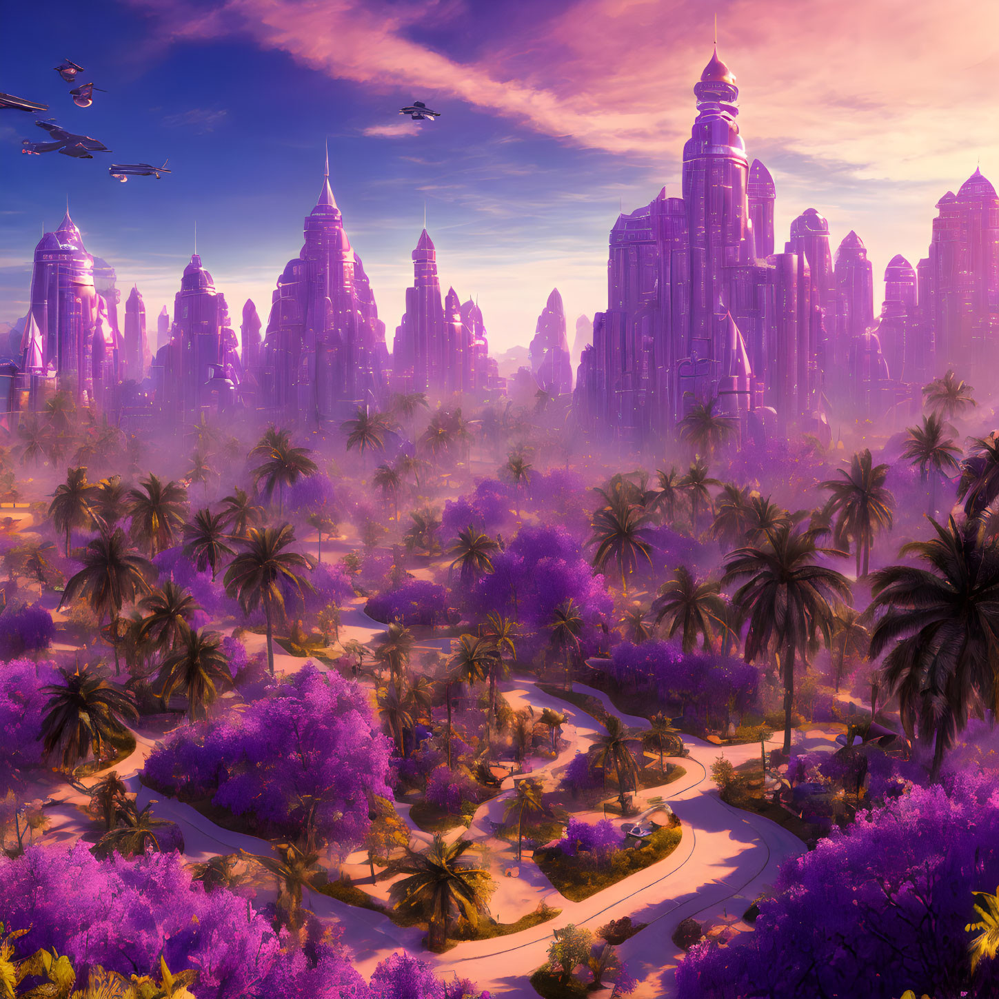 Futuristic cityscape with skyscrapers, purple foliage, winding roads, and flying vehicles at