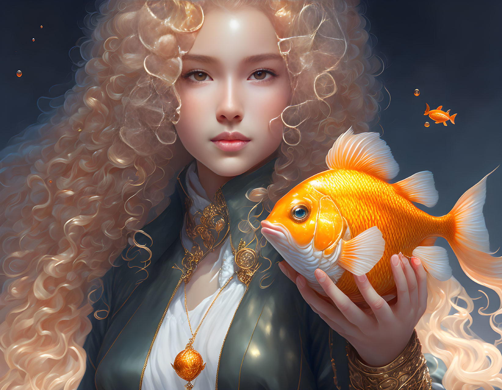 Curly Blonde Hair Person Holding Orange Fish with Green Jacket