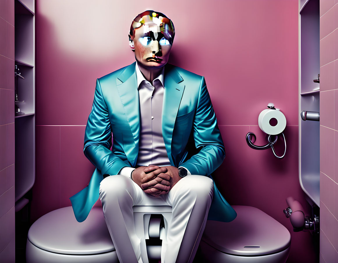 Turquoise-suited person with glitched face on pink bathroom toilet