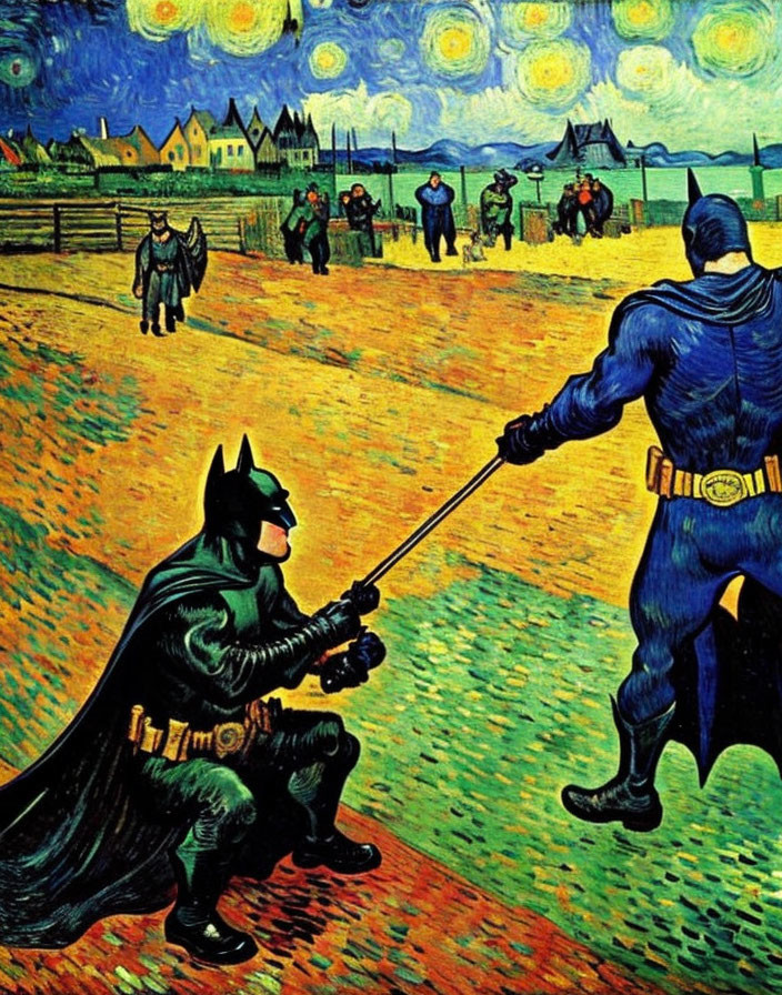 Superhero crossover in Van Gogh-style landscape with lightsaber exchange under starry sky.