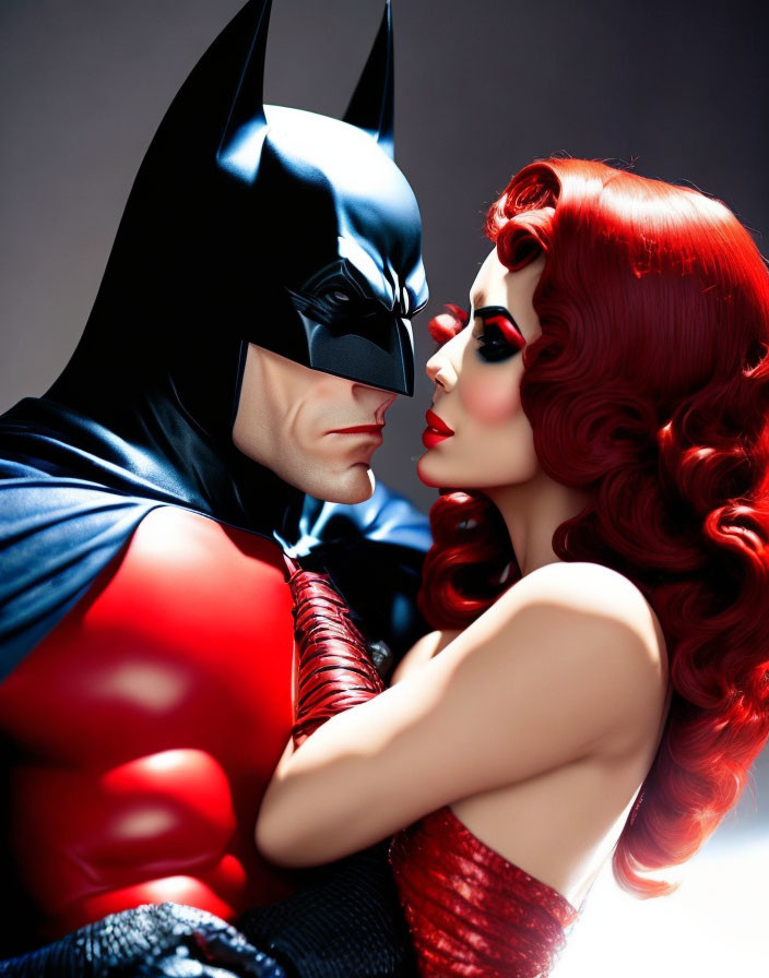 Man in Batman costume and woman in red dress in intimate pose