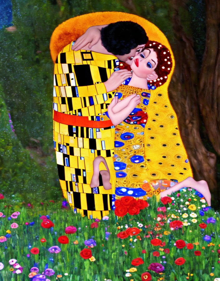 Colorful painting of embracing couple in floral field