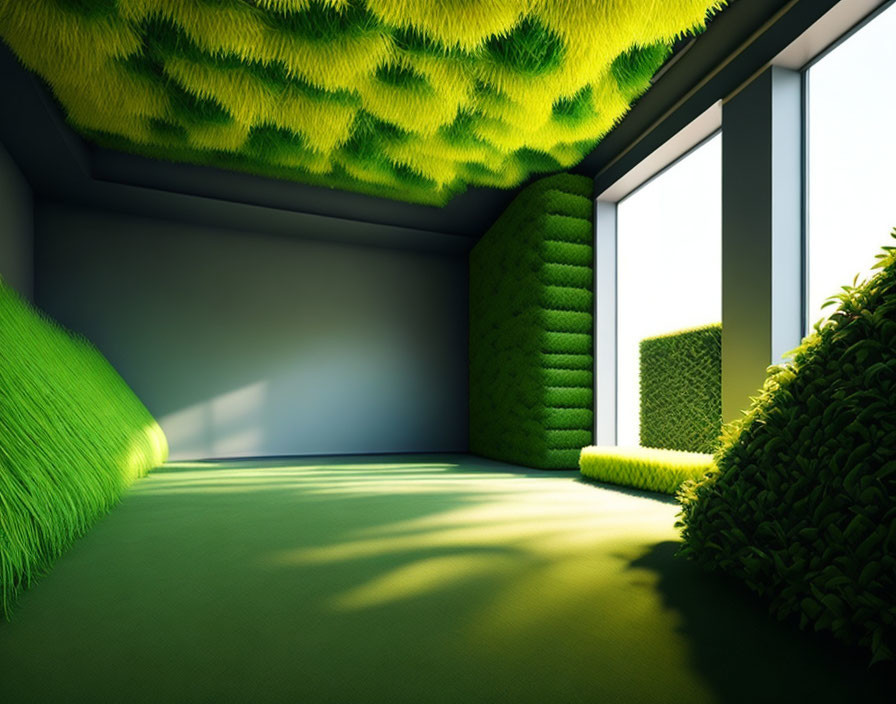 Contemporary Room with Green Living Walls and Grass Floor