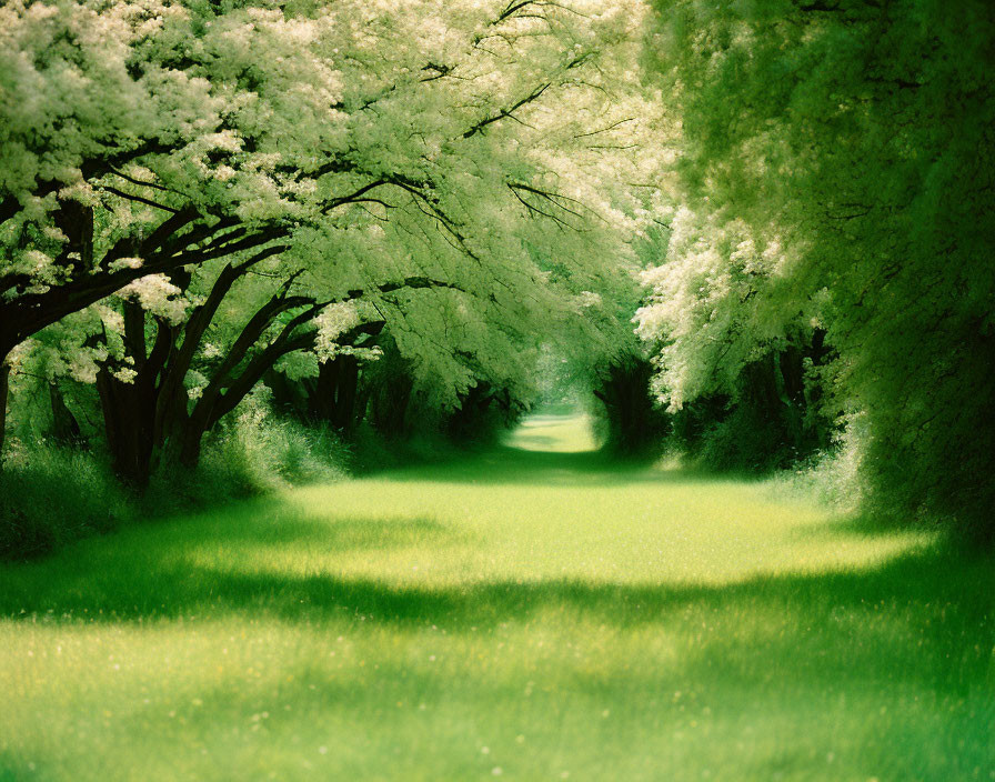 Tranquil path with lush green grass and white flowering tree canopy