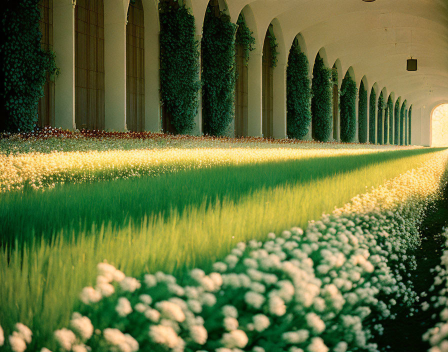 Tranquil corridor with archways and flowering shrubs