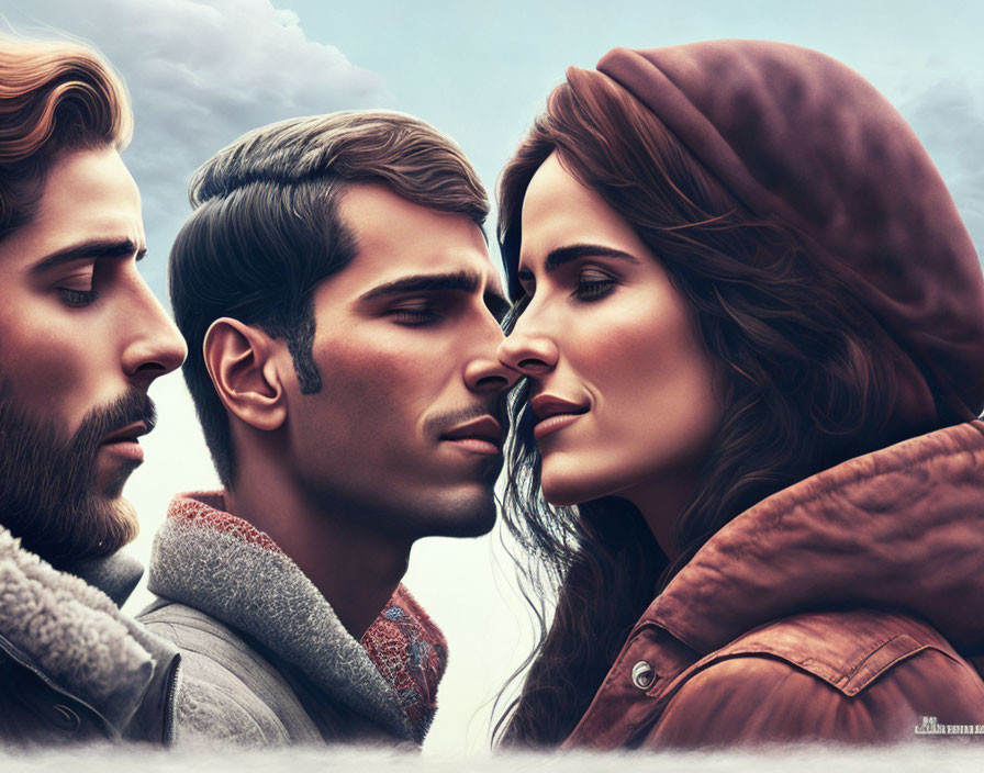 Illustration of Three People with Intense Expressions in Love Triangle