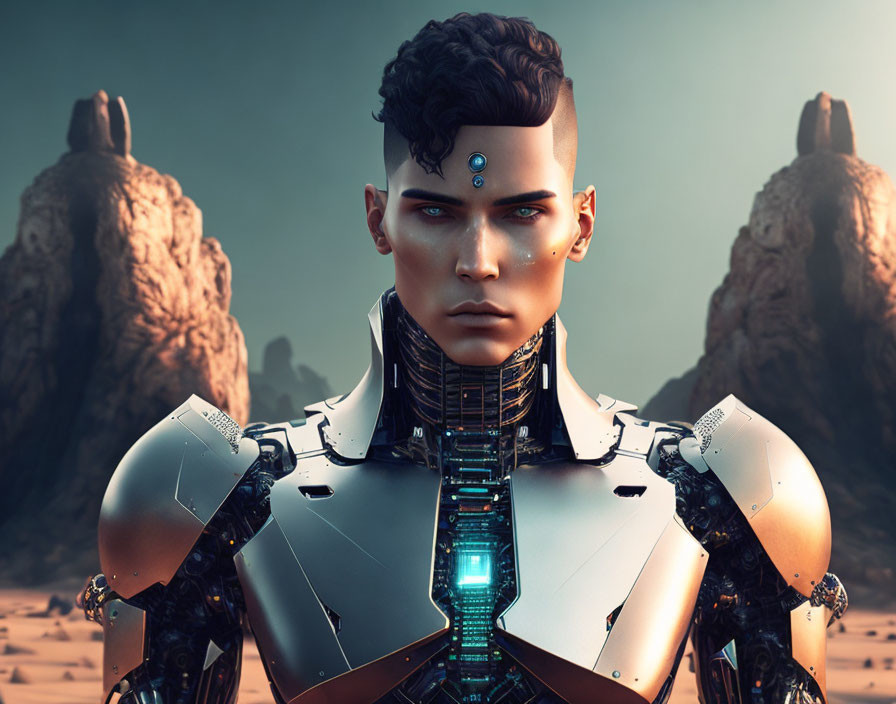 Futuristic android with human-like features in advanced armor on desert landscape