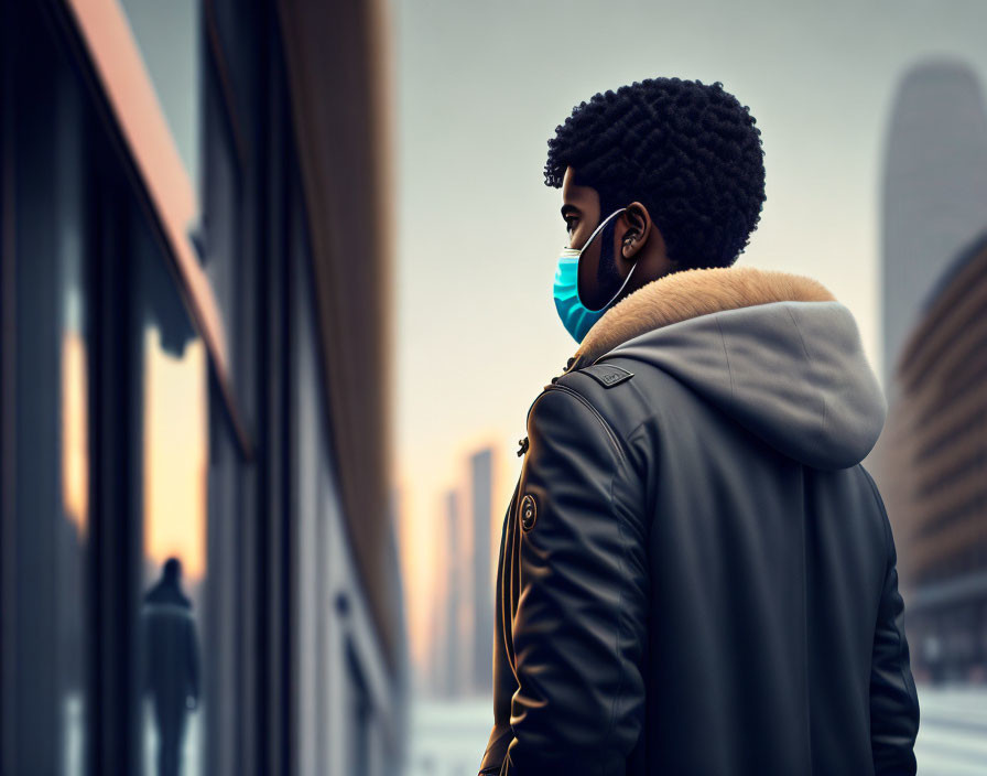 Person in Brown Jacket and Blue Mask on City Sidewalk with Blurred Urban Architecture