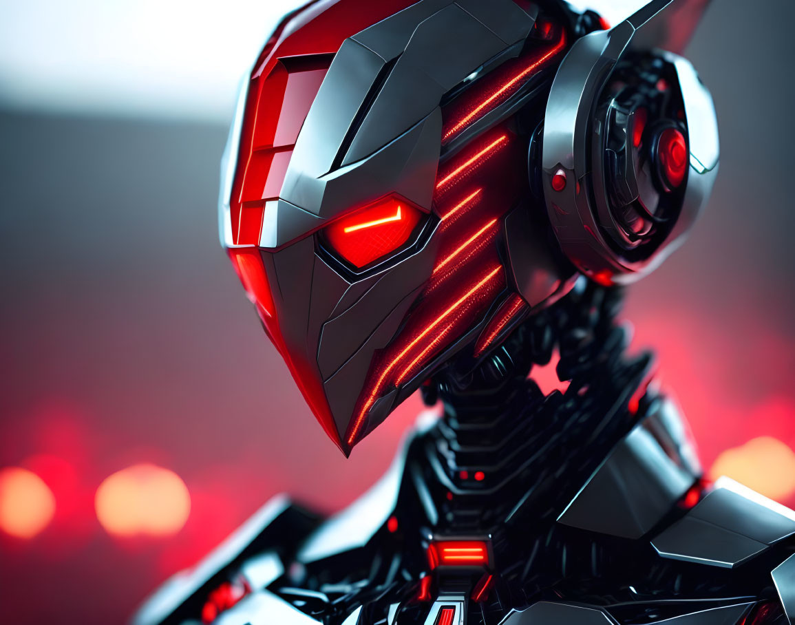 Futuristic red and black robot with glowing eyes and intricate design