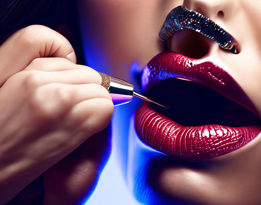 Person applying dark red lipstick with brush and unique blue nail design.