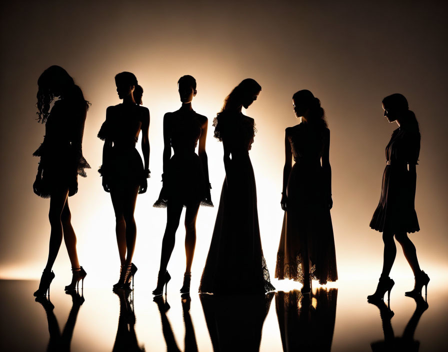 Six Women in Elegant Dresses and Heels Silhouetted Against Warm Backlight