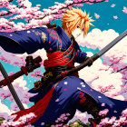 Illustration of character with spiked blond hair holding katana in red and black outfit among cherry blossoms