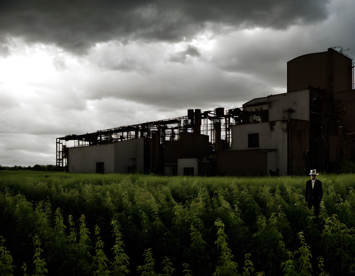 Businessperson in suit surrounded by green plants under dark sky near old industrial building