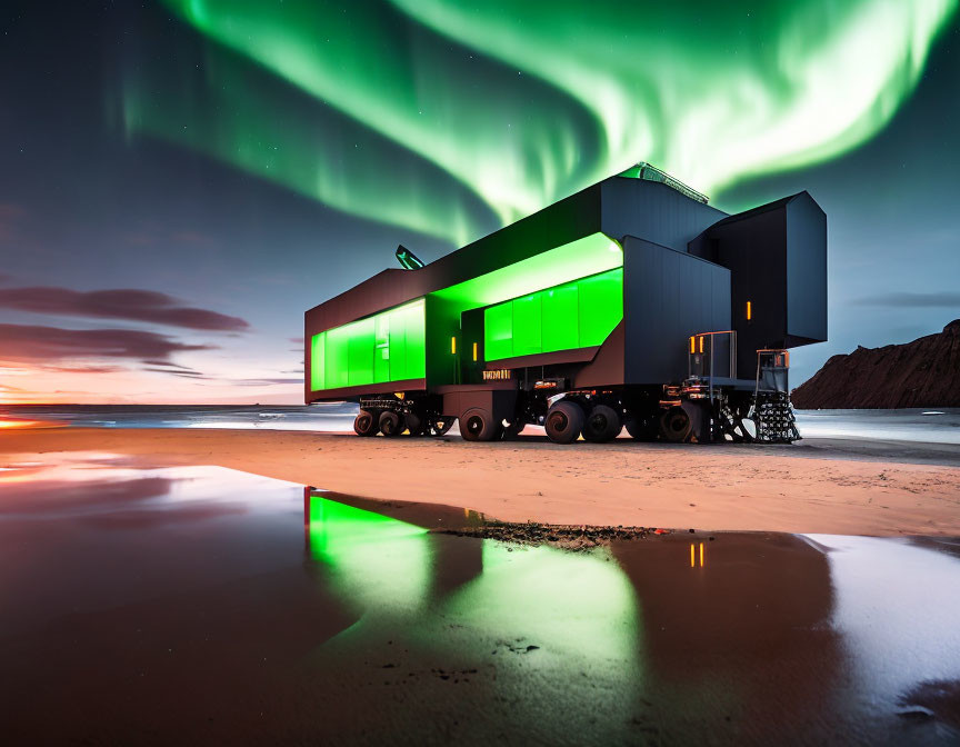 Green illuminated mobile structure on wet sand under aurora borealis and sunset sky