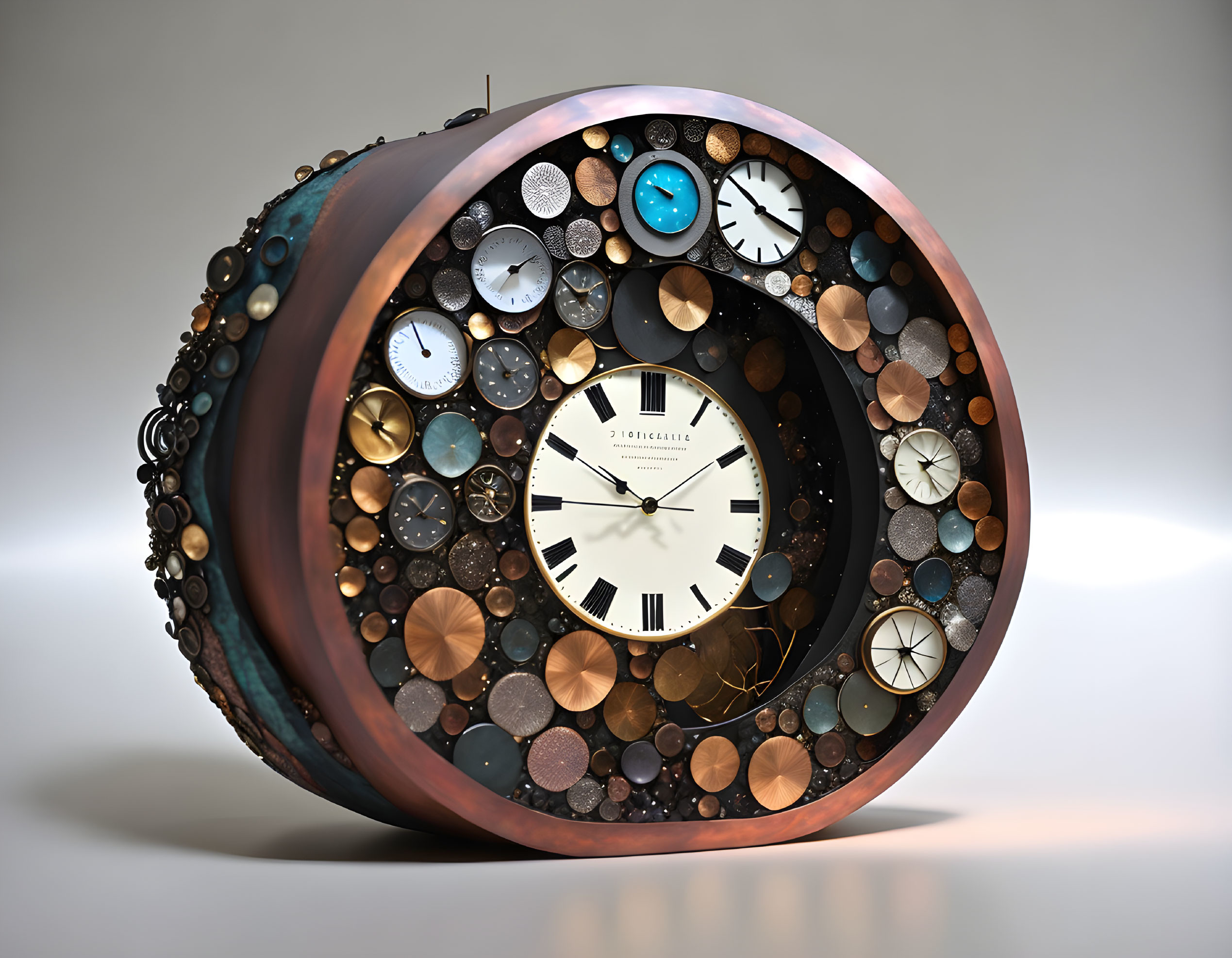 Clock-themed art installation featuring diverse clock faces in circular frame