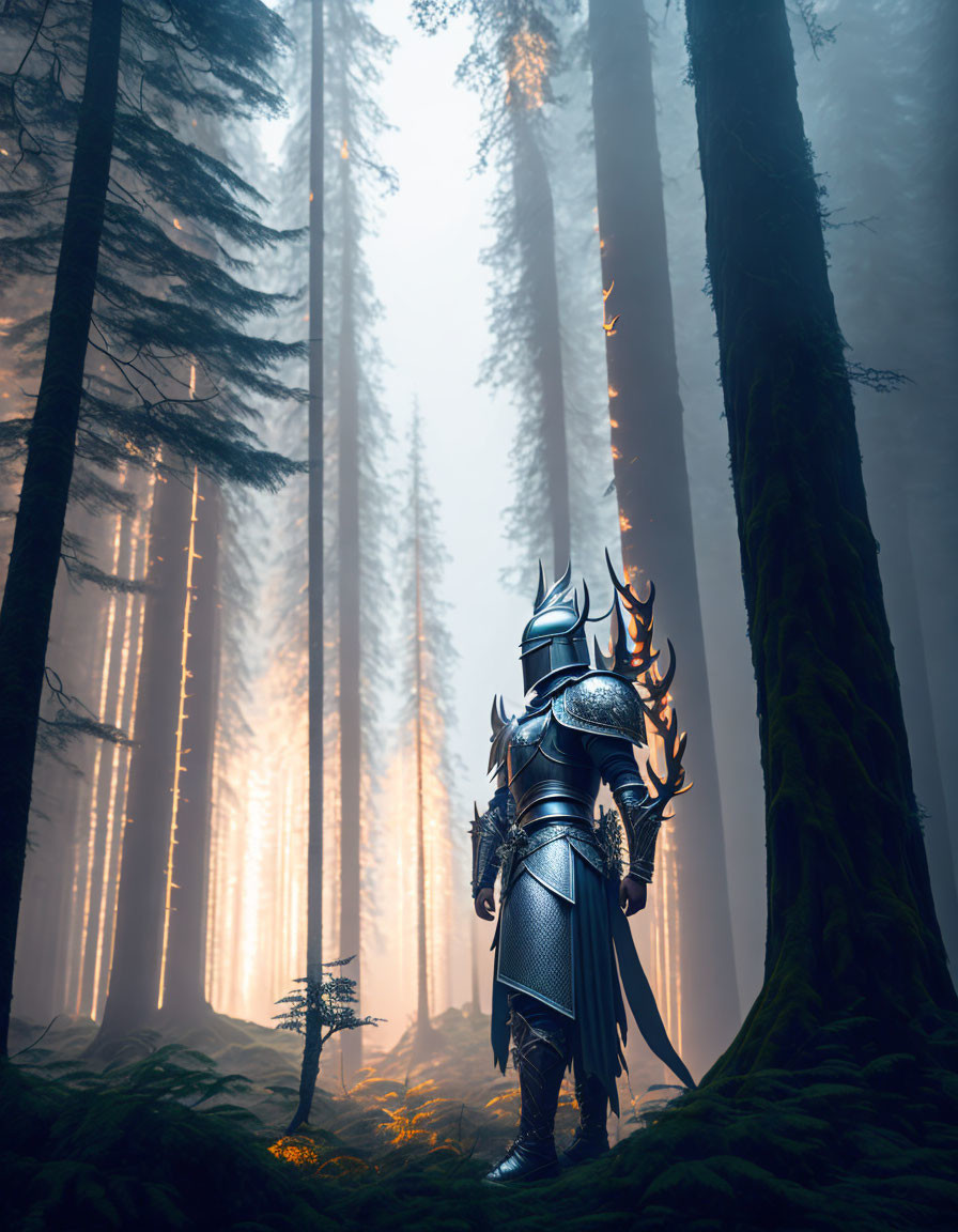 Knight in Full Armor in Mystical Forest with Towering Trees and Beams of Light