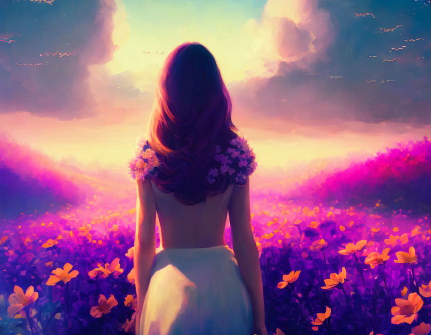 Woman in blooming field at sunset with purple and yellow flowers