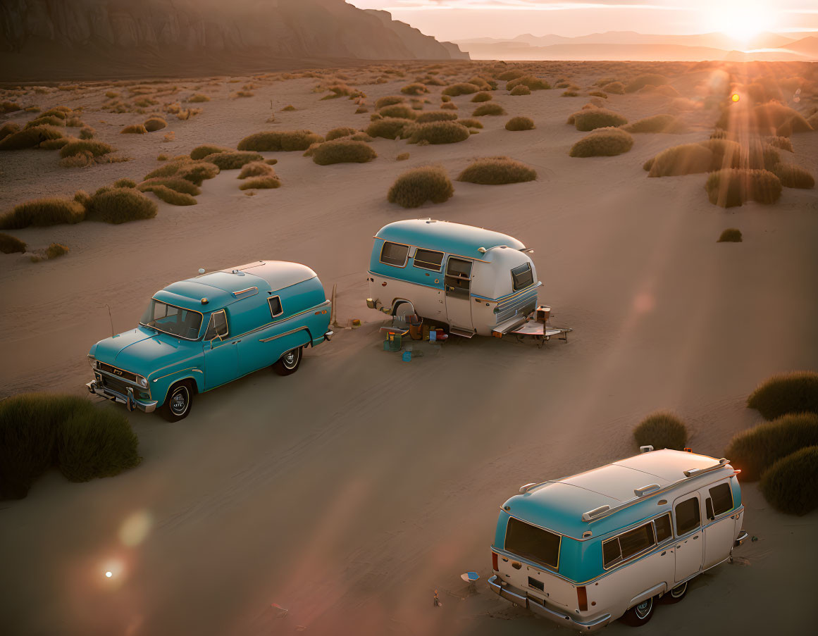 Vintage Blue Truck Towing Matching Caravan in Desert Sunset