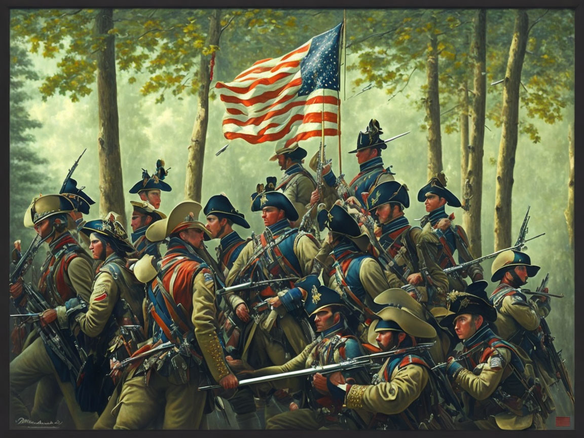 Historical soldiers in uniform marching with American flag in forest