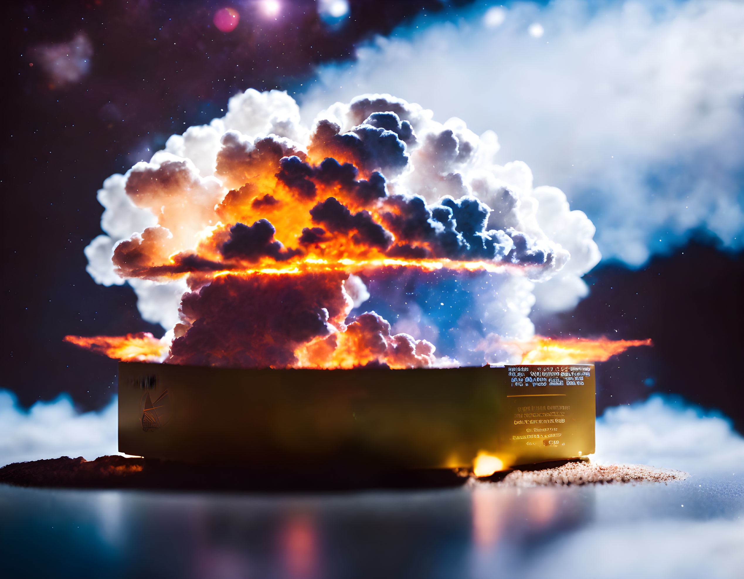 Miniature diorama: Fiery explosion with billowing smoke on starry sky backdrop