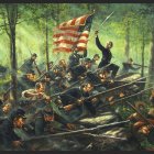 Historical soldiers in uniform marching with American flag in forest