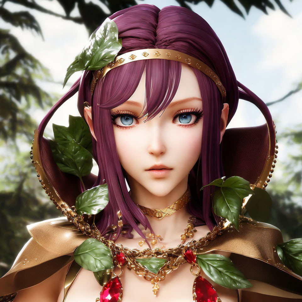 Digital art portrait of female character with purple hair and leafy adornments on blurred nature background