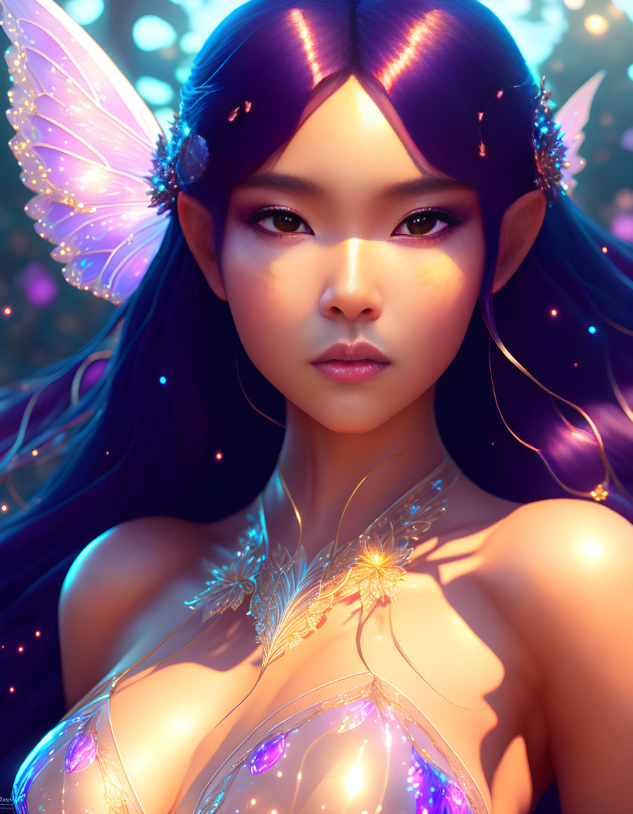 Mystical fairy digital portrait with purple hair and luminous wings