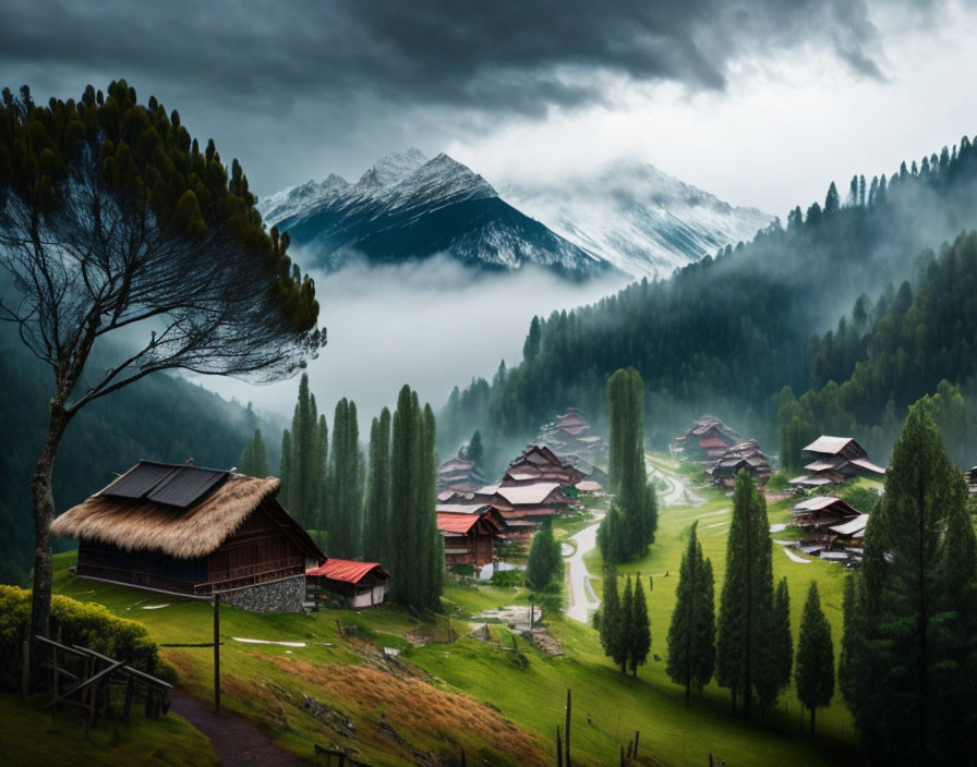 Traditional mountain village nestled in lush greenery and snowy peaks.