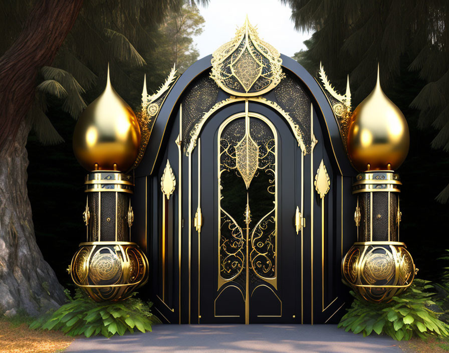 Intricate Black and Gold Fantasy Gate in Lush Forest