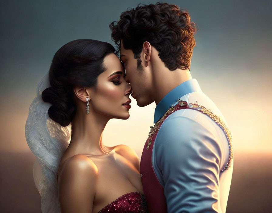 Romantic couple in elegant attire about to kiss