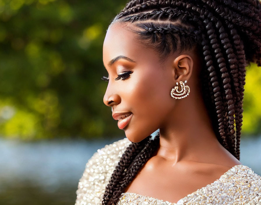 Woman with Braided Hair and Hoop Earrings in Sequined Dress on Blurred Background