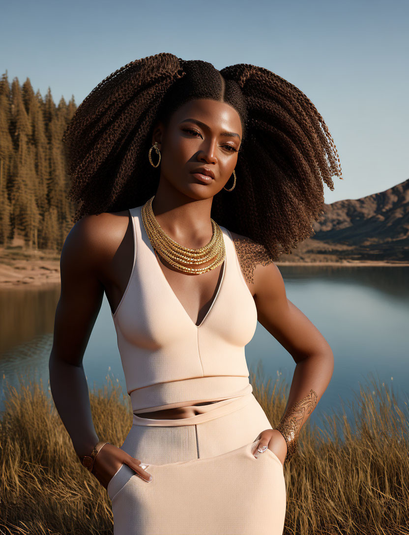 Elegant woman with braided hair in chic outfit by tranquil lake