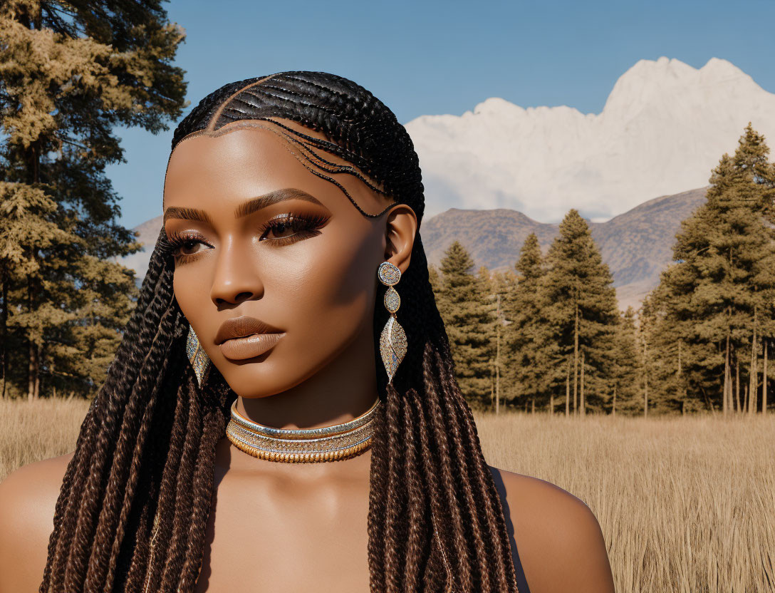 Woman with braided hair and jewelry in serene mountainous landscape