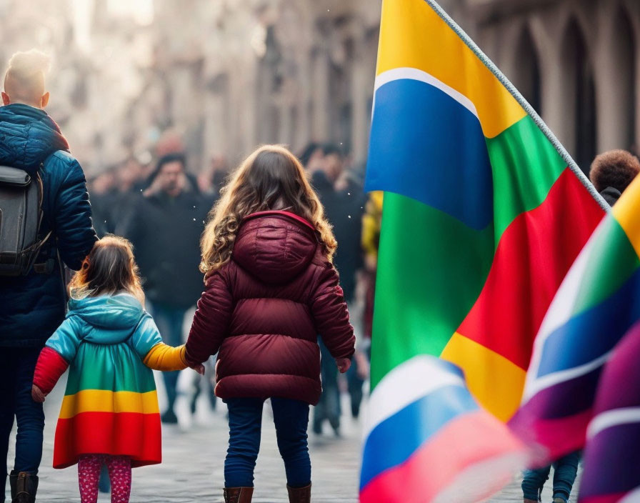 Children in rainbow coat walking in crowded street near multi-colored flag