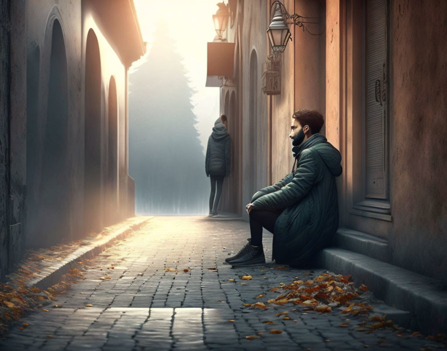 Two individuals on foggy autumn street: one seated, one walking away.