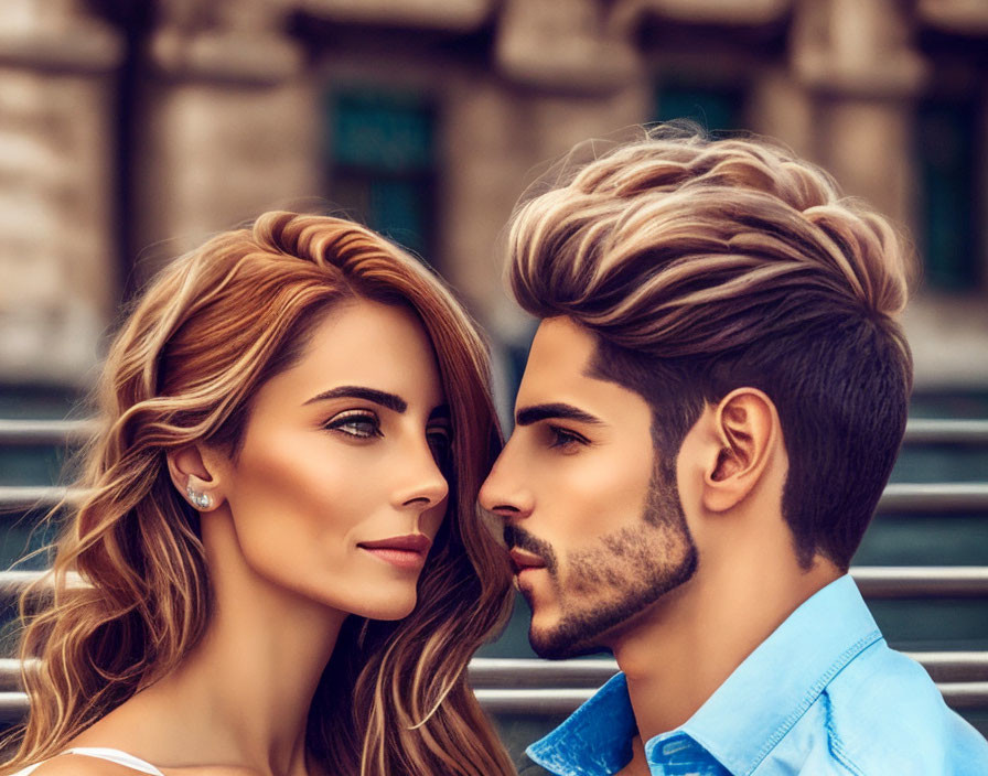 Modern Couple with Stylish Hairstyles Gazing at Each Other