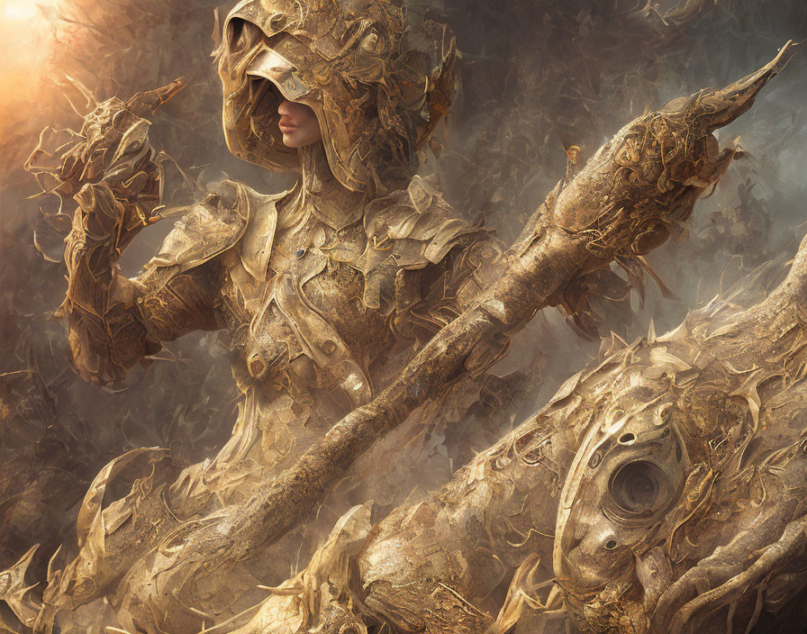 Ethereal figure in golden armor with spear in misty setting