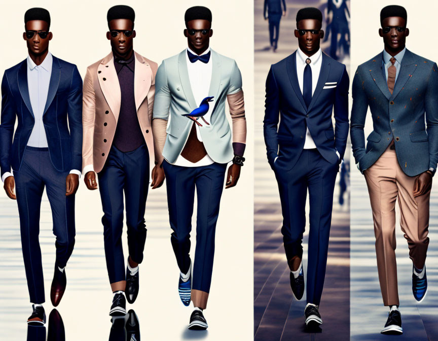 Male models showcase stylish suits, sunglasses, and patterned shoes on a runway