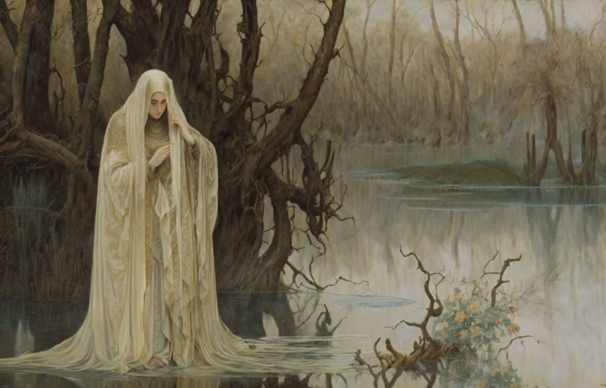 Cloaked figure standing in serene swamp-like forest