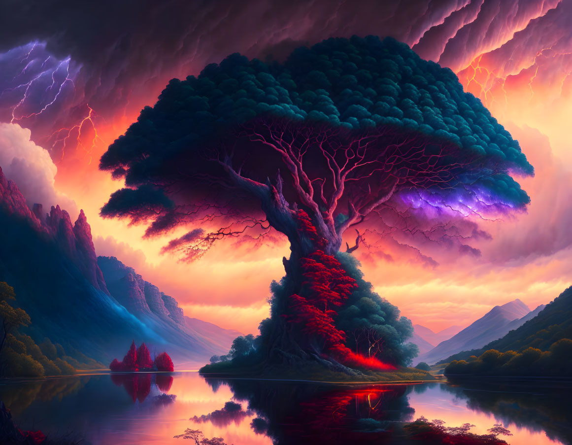 Digital artwork of colossal tree under stormy sky reflecting on lake