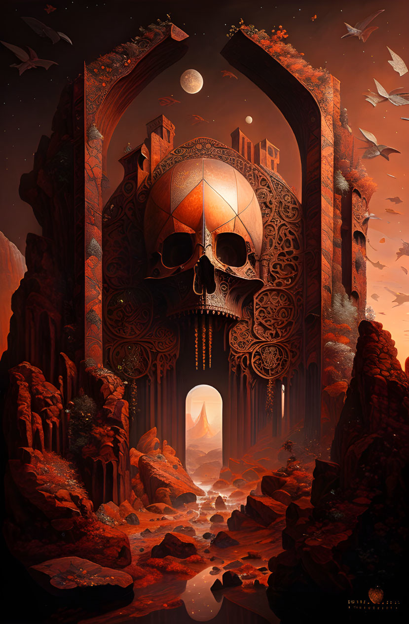 Gothic arch with skull design in surreal red landscape