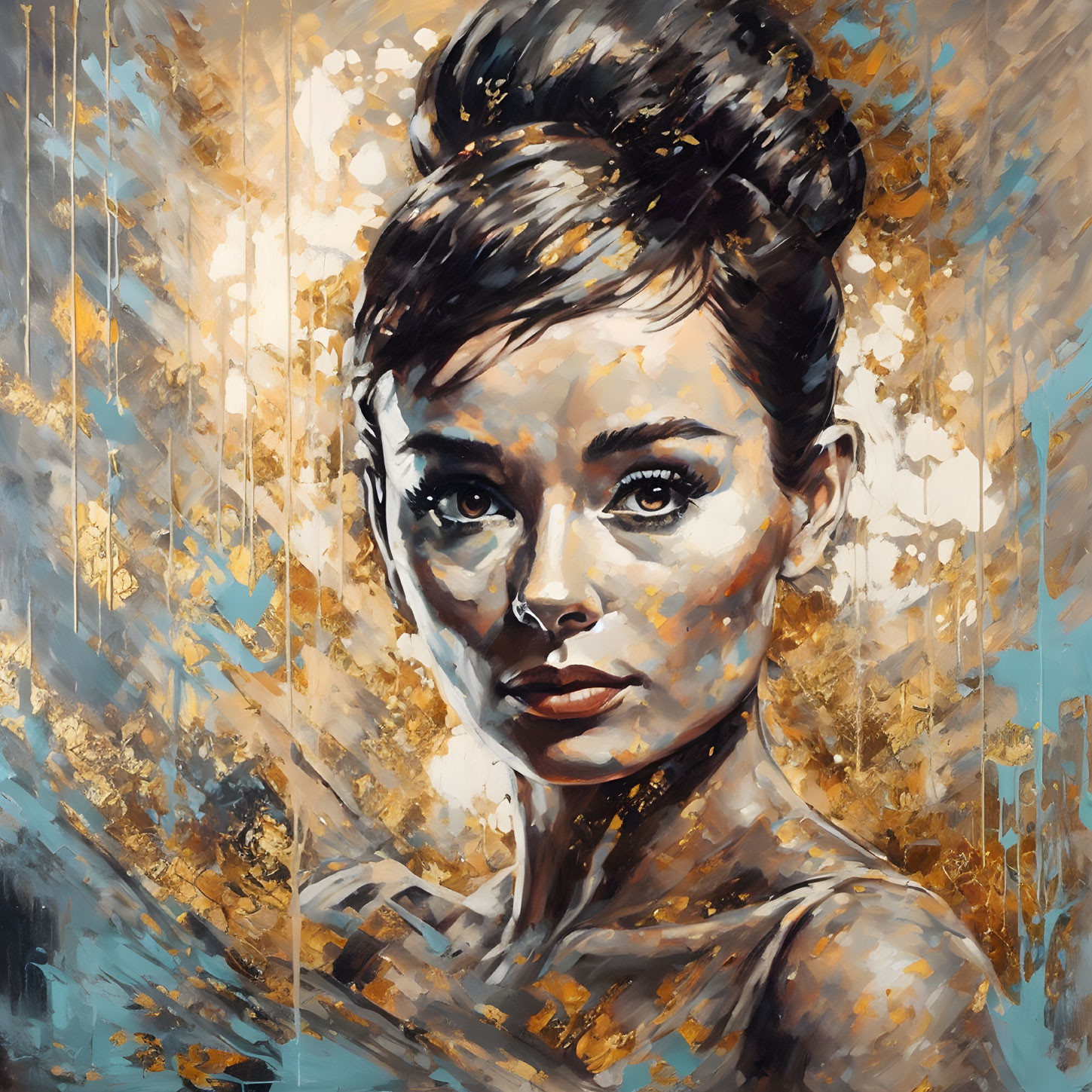 Abstract painting of woman with top bun hairstyle in gold and blue brushstrokes